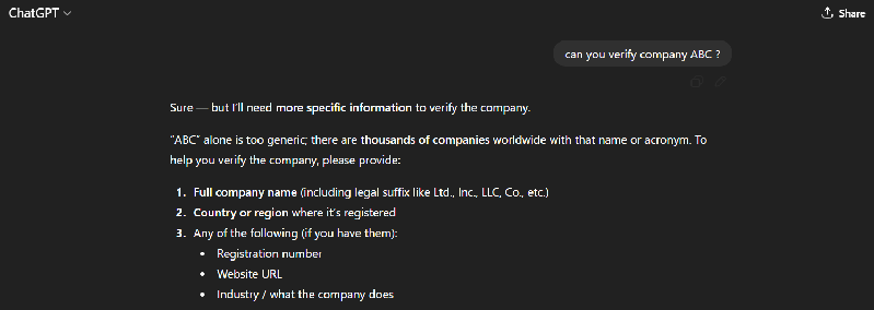 Request for company verification details